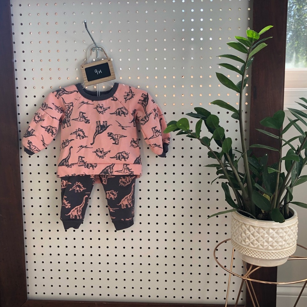 Blush pink and charcoal grey dinosaur sweat suit